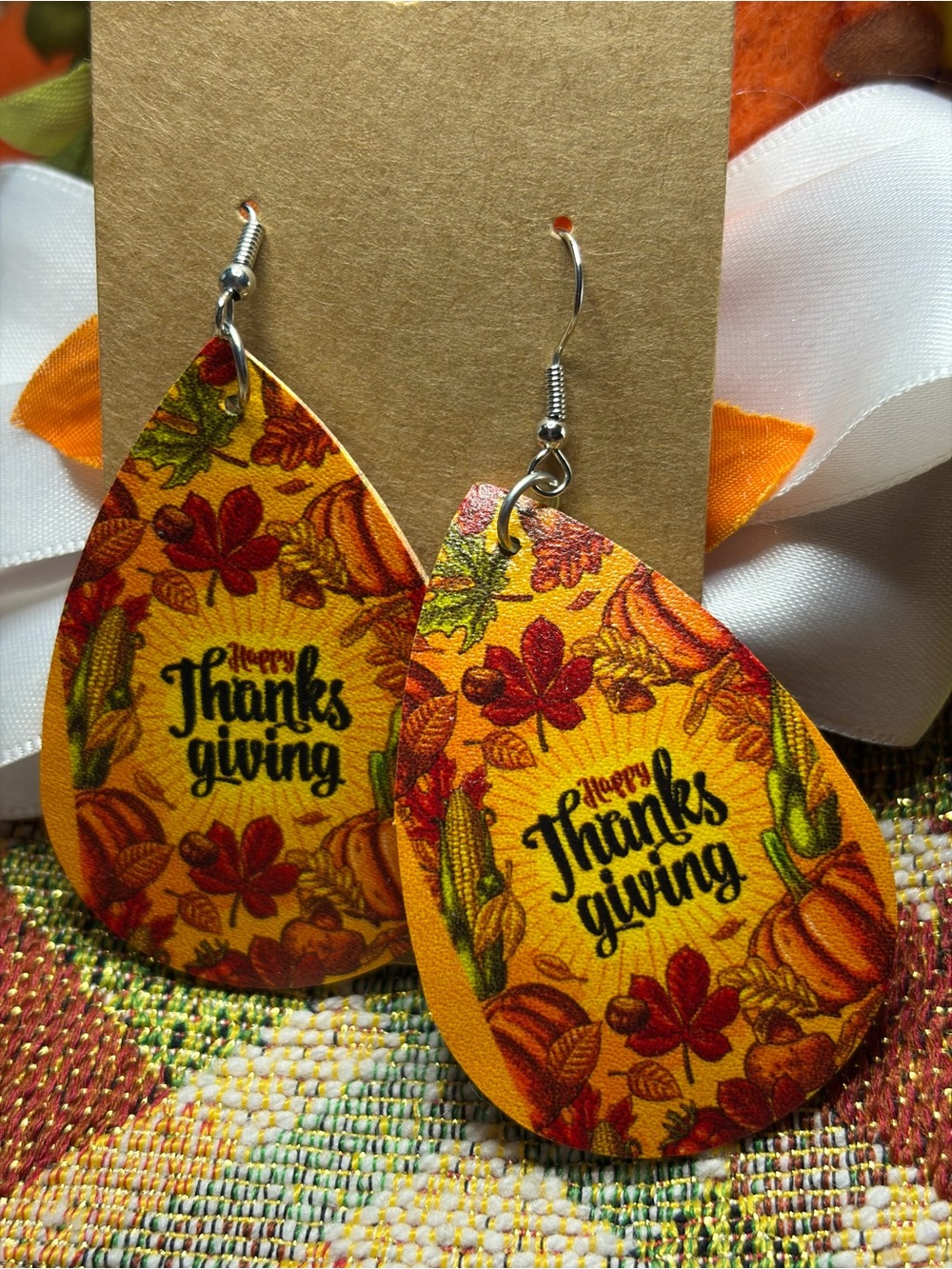 Yellow "Happy Thanksgiving" Teardrop Earrings - Women's Holiday Accessories